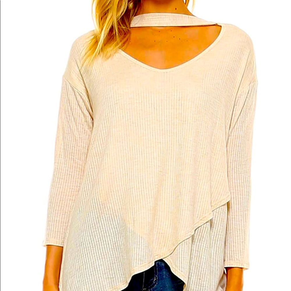 Frumos Womens 3/4 Sleeve Ribbed Tunic Wrap Front Jersey